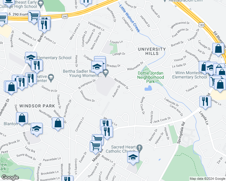 map of restaurants, bars, coffee shops, grocery stores, and more near 6400 Auburn Drive in Austin