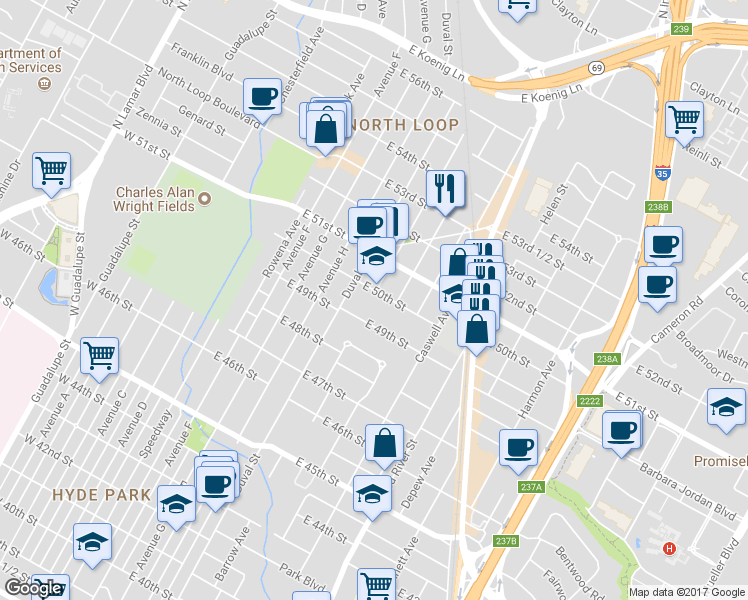 map of restaurants, bars, coffee shops, grocery stores, and more near 506 East 49th Street in Austin
