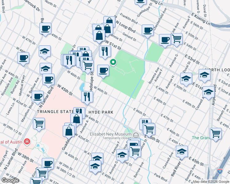 map of restaurants, bars, coffee shops, grocery stores, and more near 4607 Avenue B in Austin