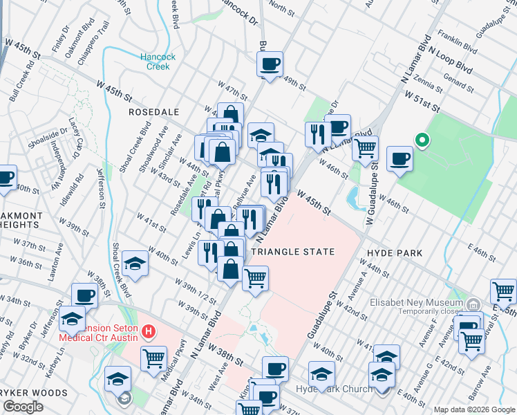 map of restaurants, bars, coffee shops, grocery stores, and more near 4305 Marathon Boulevard in Austin