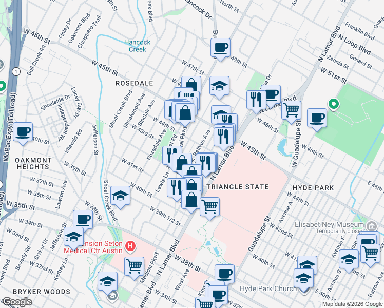 map of restaurants, bars, coffee shops, grocery stores, and more near 4214 Bellvue Avenue in Austin