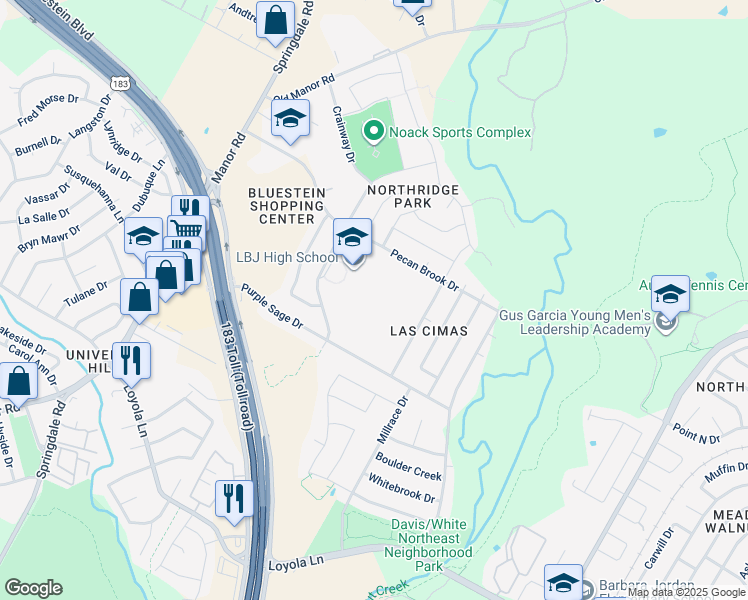 map of restaurants, bars, coffee shops, grocery stores, and more near 7309 Lazy Creek Drive in Austin