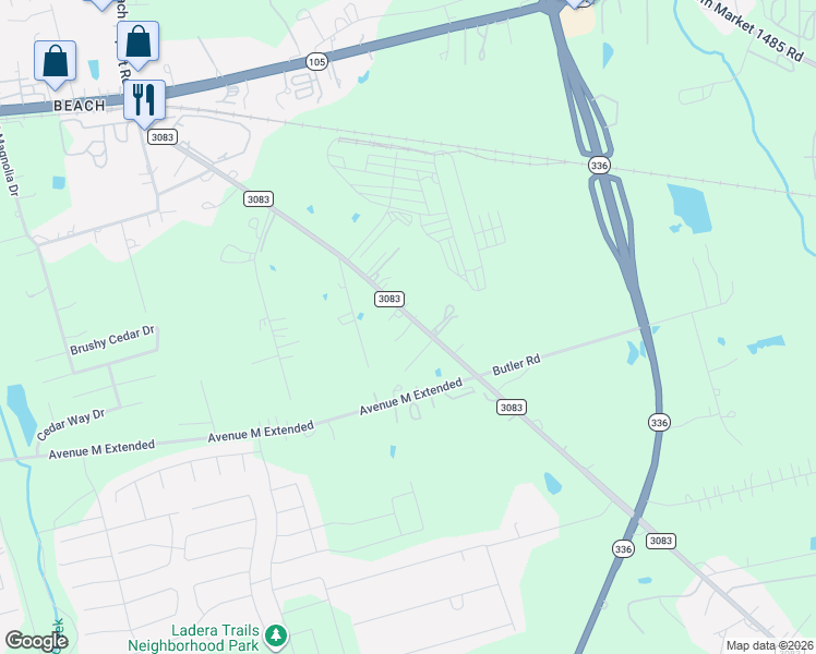 map of restaurants, bars, coffee shops, grocery stores, and more near 880 Farm to Market Road 3083 in Conroe