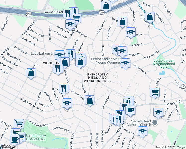 map of restaurants, bars, coffee shops, grocery stores, and more near 2119 Gaston Place Drive in Austin