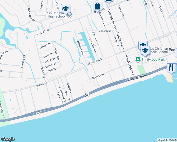 map of restaurants, bars, coffee shops, grocery stores, and more near 735 Wildwood Court in Pass Christian