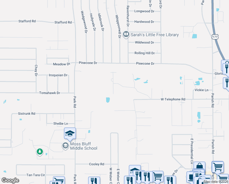 map of restaurants, bars, coffee shops, grocery stores, and more near 701 Deidra Rd in Moss Bluff