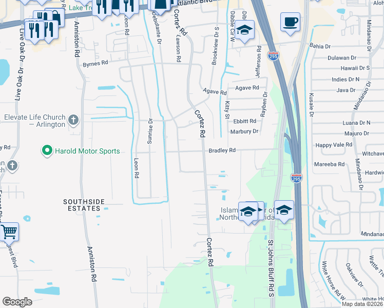map of restaurants, bars, coffee shops, grocery stores, and more near 10334 Bradley Road in Jacksonville