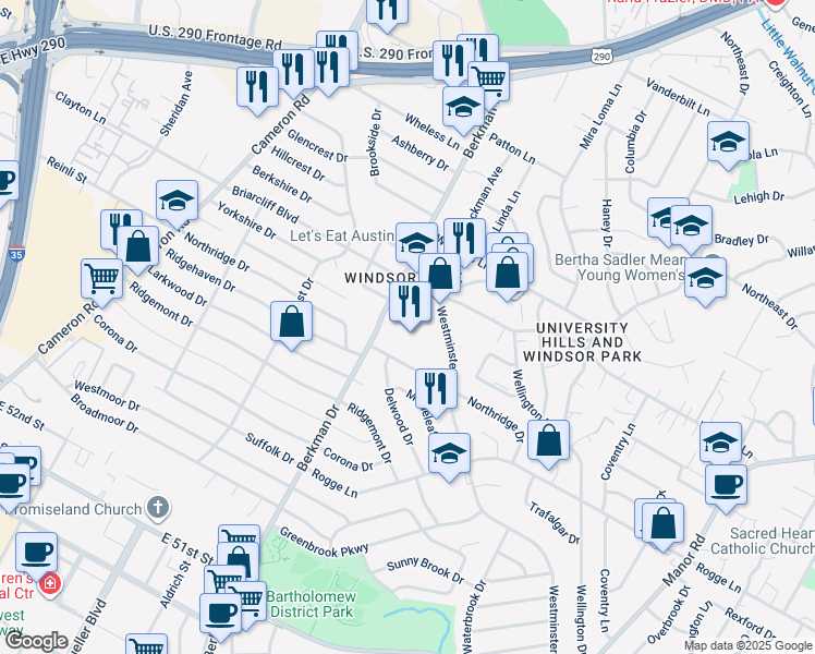 map of restaurants, bars, coffee shops, grocery stores, and more near 5900 Westminster Drive in Austin