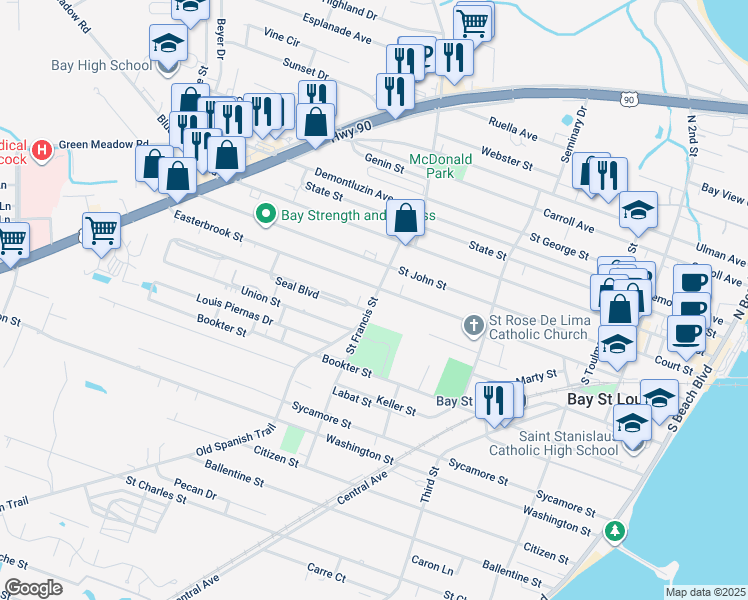 map of restaurants, bars, coffee shops, grocery stores, and more near 304 Saint Francis Street in Bay Saint Louis