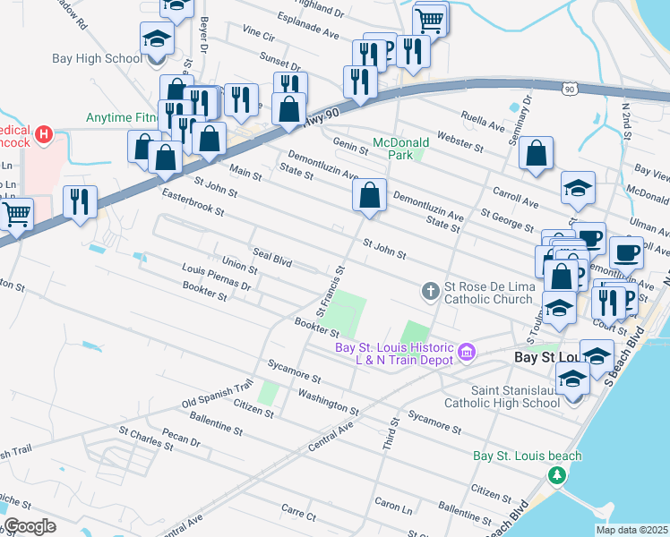 map of restaurants, bars, coffee shops, grocery stores, and more near 306 Saint Francis Street in Bay St. Louis