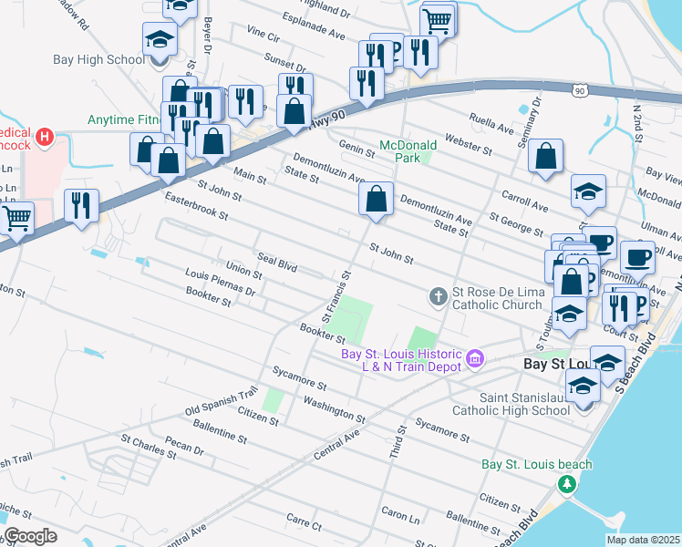 map of restaurants, bars, coffee shops, grocery stores, and more near 306 Saint Francis Street in Bay Saint Louis