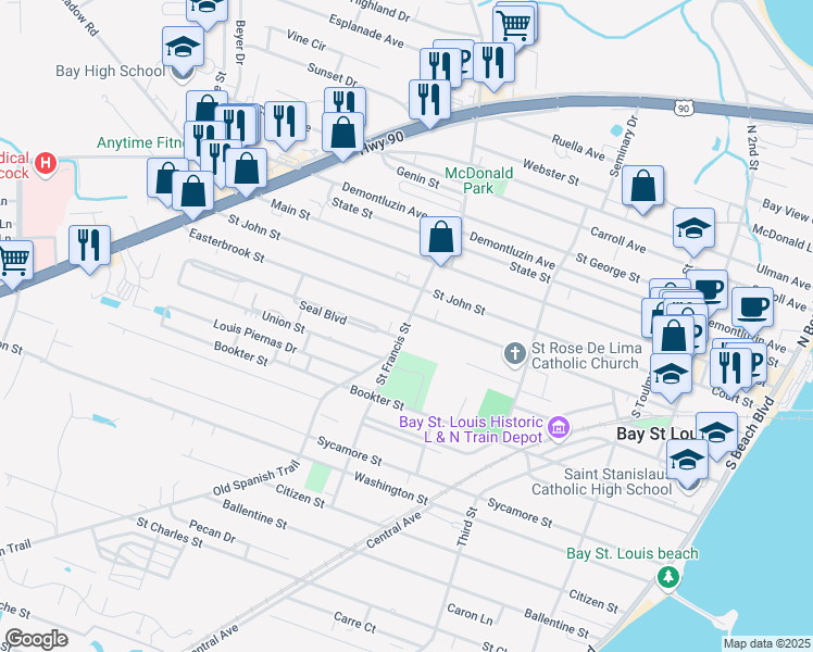 map of restaurants, bars, coffee shops, grocery stores, and more near 316 Saint Francis Street in Bay St. Louis