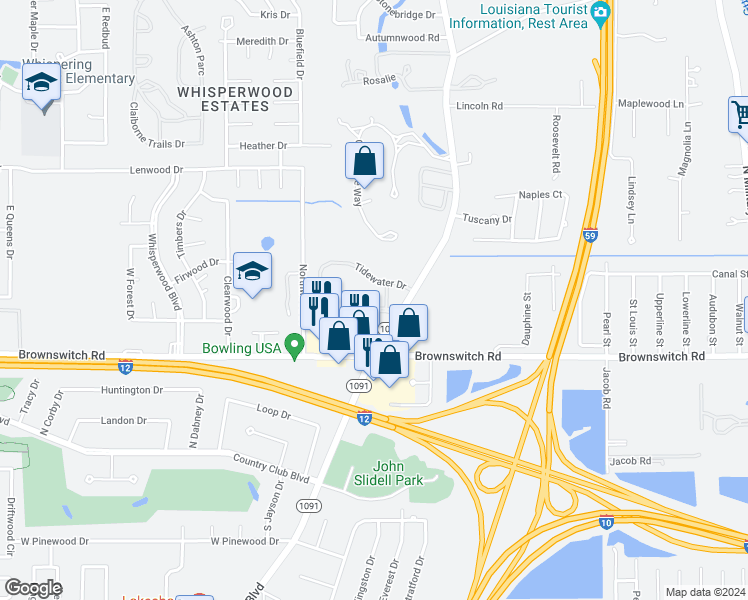 map of restaurants, bars, coffee shops, grocery stores, and more near 3123 Pelican Pointe Drive in Slidell