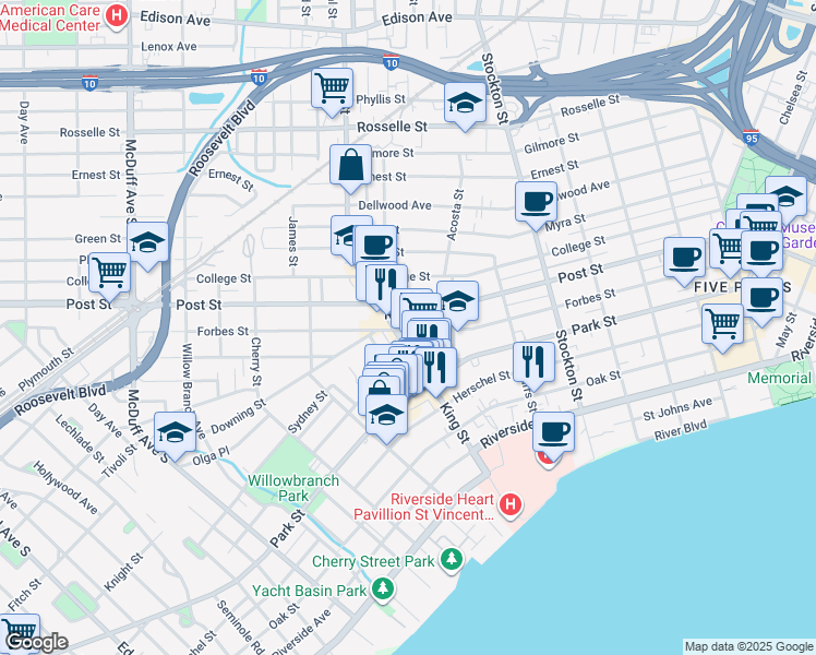 map of restaurants, bars, coffee shops, grocery stores, and more near 1233 King Street in Jacksonville