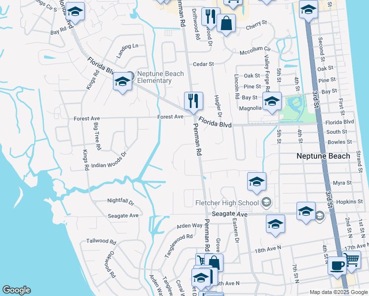 map of restaurants, bars, coffee shops, grocery stores, and more near 1540 Penman Road in Neptune Beach