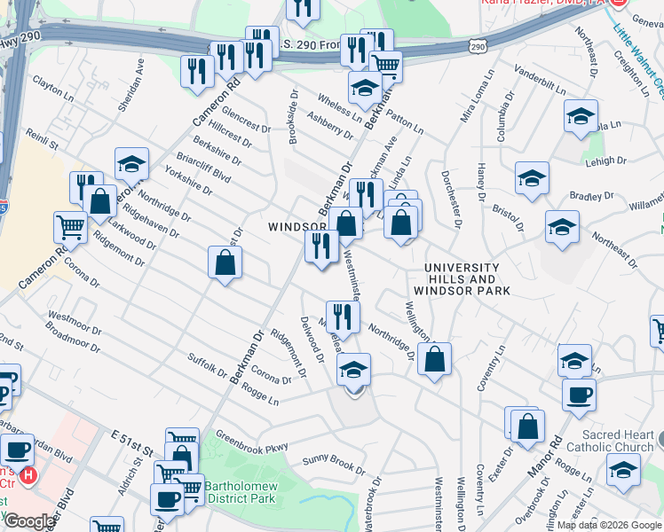 map of restaurants, bars, coffee shops, grocery stores, and more near 5811 Berkman Drive in Austin