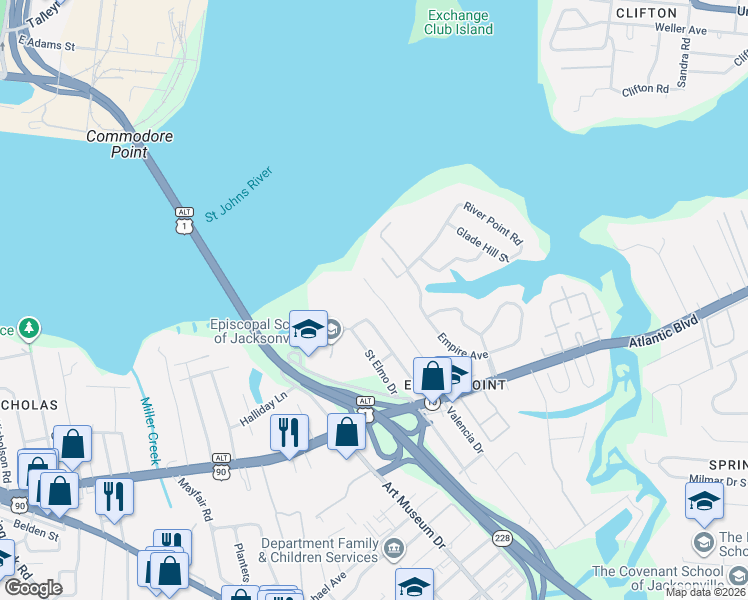 map of restaurants, bars, coffee shops, grocery stores, and more near 1315 Live Oak Lane in Jacksonville