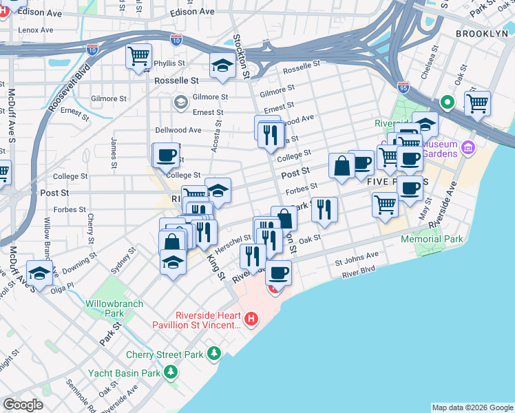 map of restaurants, bars, coffee shops, grocery stores, and more near 2549 Barrs Street in Jacksonville