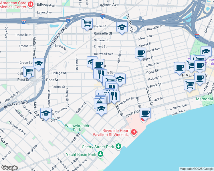 map of restaurants, bars, coffee shops, grocery stores, and more near 1233 King Street in Jacksonville