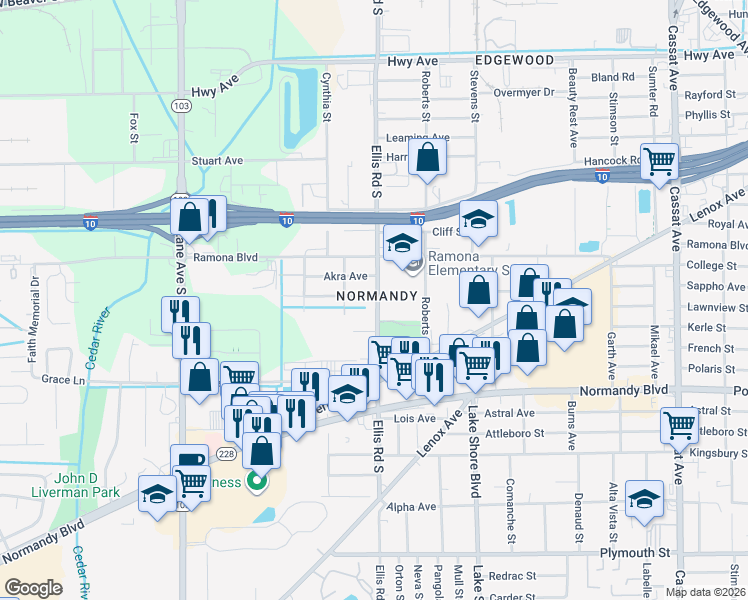 map of restaurants, bars, coffee shops, grocery stores, and more near 756 South Ellis Road in Jacksonville