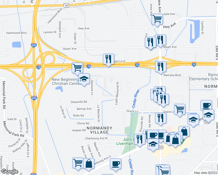 map of restaurants, bars, coffee shops, grocery stores, and more near 14 Faith Memorial Drive in Jacksonville