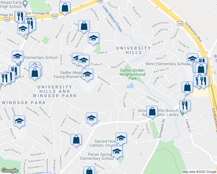 map of restaurants, bars, coffee shops, grocery stores, and more near 6411 Chimney Creek Circle in Austin
