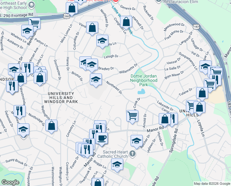 map of restaurants, bars, coffee shops, grocery stores, and more near 6403 Chimney Creek Circle in Austin