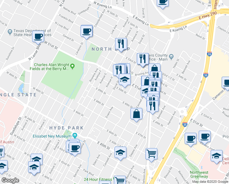 map of restaurants, bars, coffee shops, grocery stores, and more near 506 East 49th Street in Austin