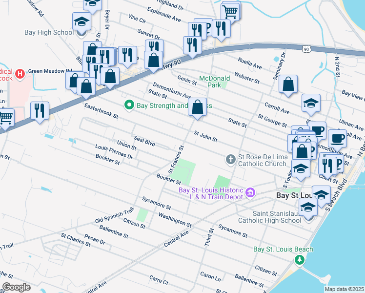 map of restaurants, bars, coffee shops, grocery stores, and more near 306 Saint Francis Street in Bay St. Louis