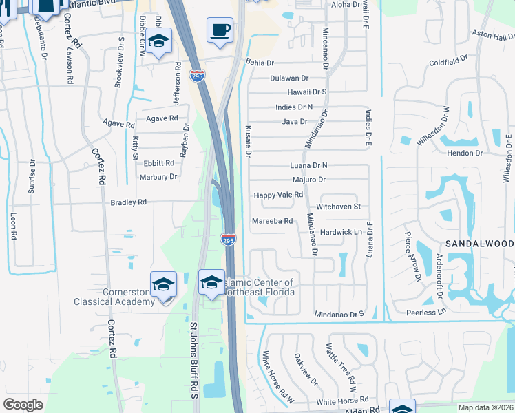 map of restaurants, bars, coffee shops, grocery stores, and more near 10749 Mareeba Road in Jacksonville