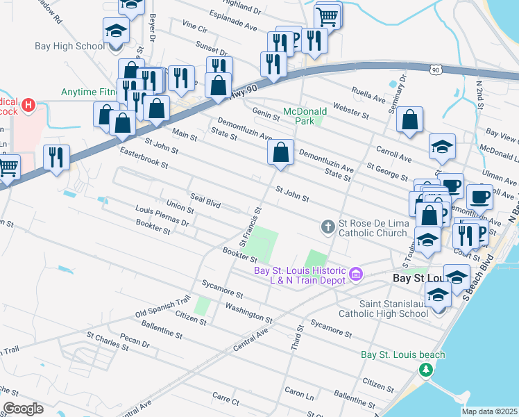 map of restaurants, bars, coffee shops, grocery stores, and more near 304 Saint Francis Street in Bay Saint Louis
