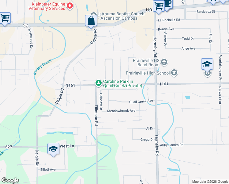 map of restaurants, bars, coffee shops, grocery stores, and more near 39349 Lakeland Avenue in Prairieville