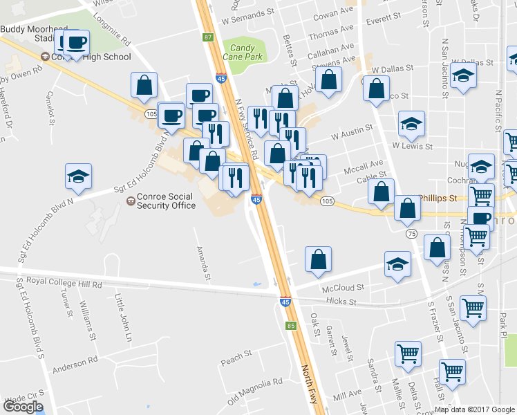 map of restaurants, bars, coffee shops, grocery stores, and more near 281 Interstate 45 North in Conroe