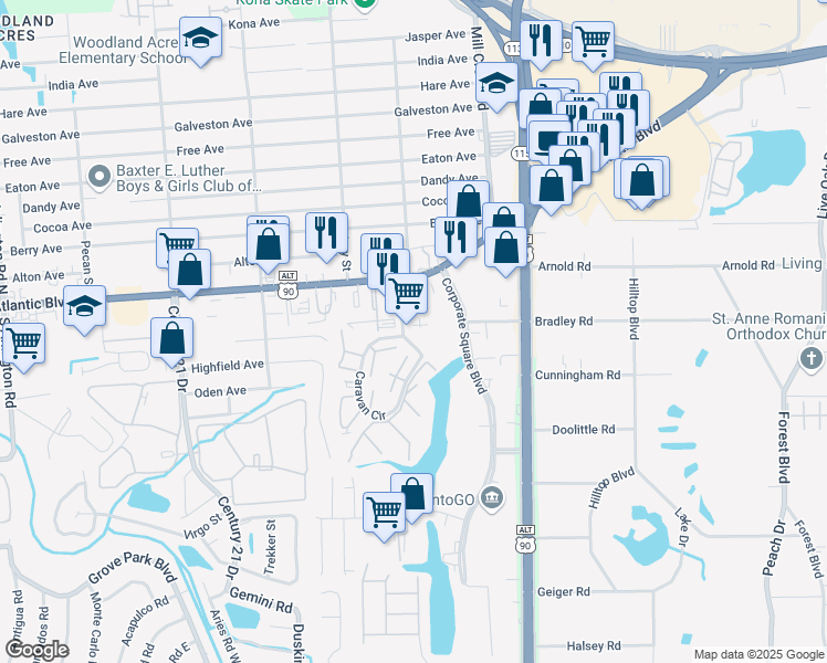 map of restaurants, bars, coffee shops, grocery stores, and more near 1879 Caravan Circle in Jacksonville