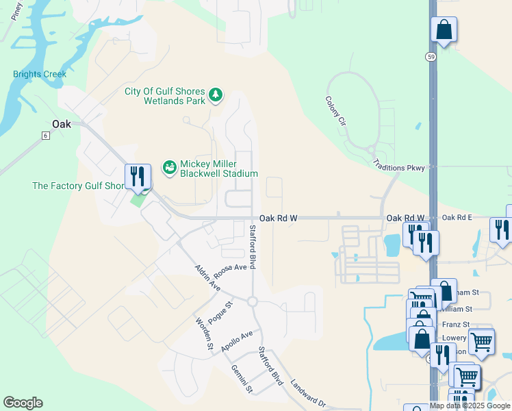 map of restaurants, bars, coffee shops, grocery stores, and more near 6014 Andhurst Drive in Gulf Shores