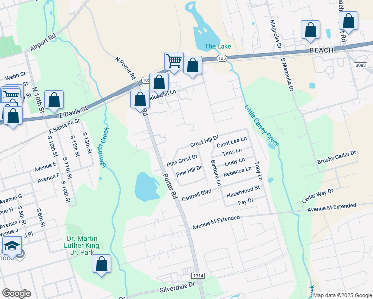 map of restaurants, bars, coffee shops, grocery stores, and more near 216 Crest Hill Drive in Conroe