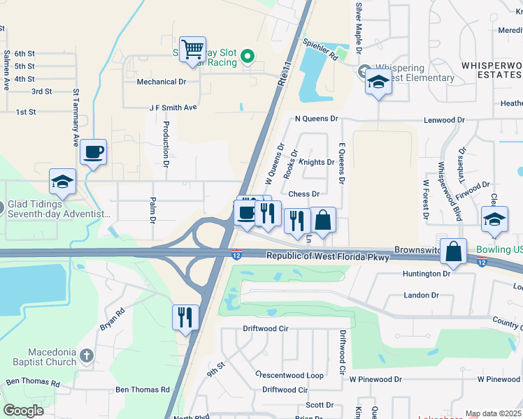map of restaurants, bars, coffee shops, grocery stores, and more near 330 South Queens Drive in Slidell