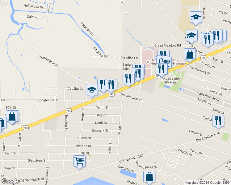 map of restaurants, bars, coffee shops, grocery stores, and more near Washington Street in Bay St. Louis