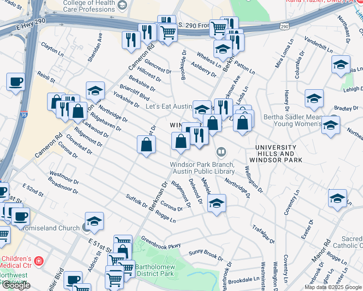 map of restaurants, bars, coffee shops, grocery stores, and more near 1700 Northridge Drive in Austin