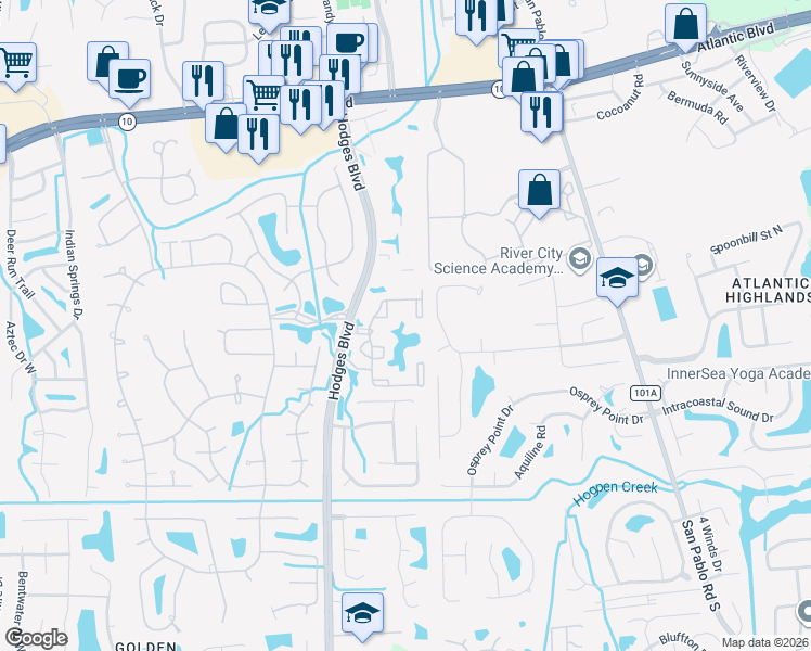 map of restaurants, bars, coffee shops, grocery stores, and more near 2001 Hodges Boulevard in Jacksonville