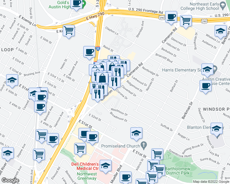 map of restaurants, bars, coffee shops, grocery stores, and more near 1213 Corona Drive in Austin