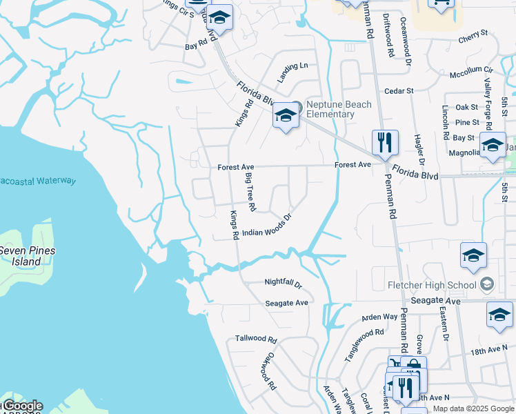 map of restaurants, bars, coffee shops, grocery stores, and more near 1500 Big Tree Road in Neptune Beach