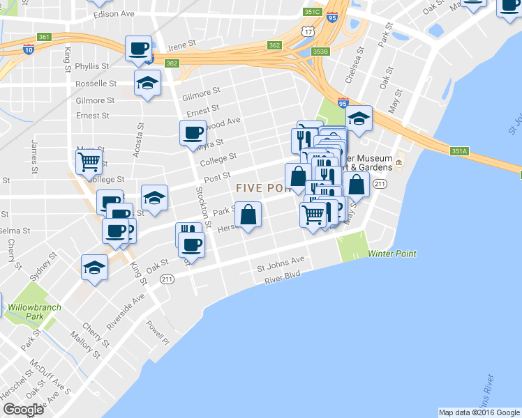 map of restaurants, bars, coffee shops, grocery stores, and more near 2230 Herschel Street in Jacksonville