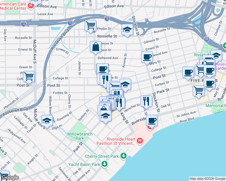 map of restaurants, bars, coffee shops, grocery stores, and more near 1233 King Street in Jacksonville