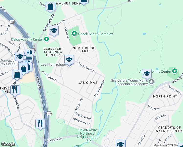 map of restaurants, bars, coffee shops, grocery stores, and more near 7311 Tumbleweed Drive in Austin