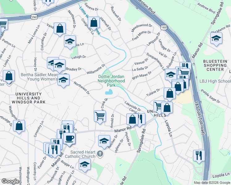 map of restaurants, bars, coffee shops, grocery stores, and more near 6600 Betty Cook Drive in Austin