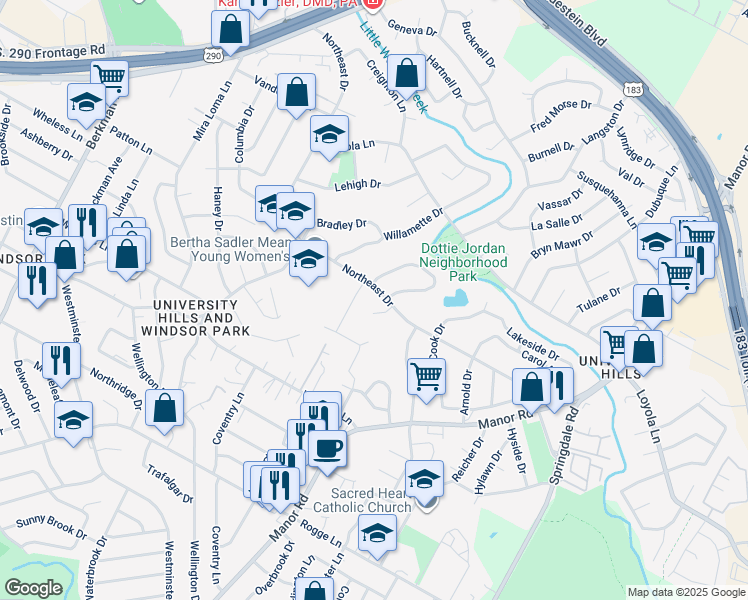 map of restaurants, bars, coffee shops, grocery stores, and more near 6403 Auburn Drive in Austin
