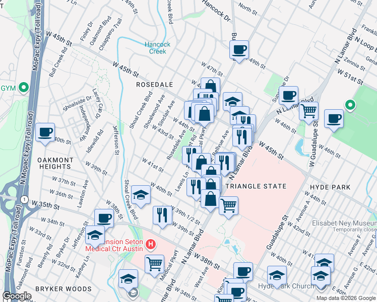 map of restaurants, bars, coffee shops, grocery stores, and more near 4208 Medical Parkway in Austin
