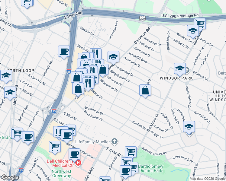 map of restaurants, bars, coffee shops, grocery stores, and more near 1316 Cloverleaf Drive in Austin