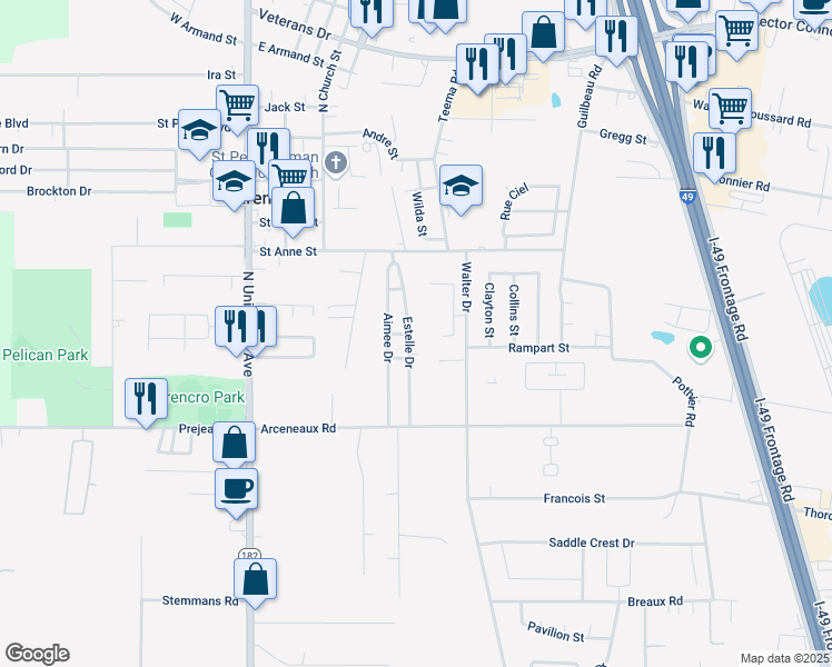 map of restaurants, bars, coffee shops, grocery stores, and more near 309 Estelle Drive in Carencro